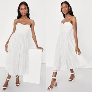 Lulus Exquisite Aura White Lace Strapless Bustier Midi Dress